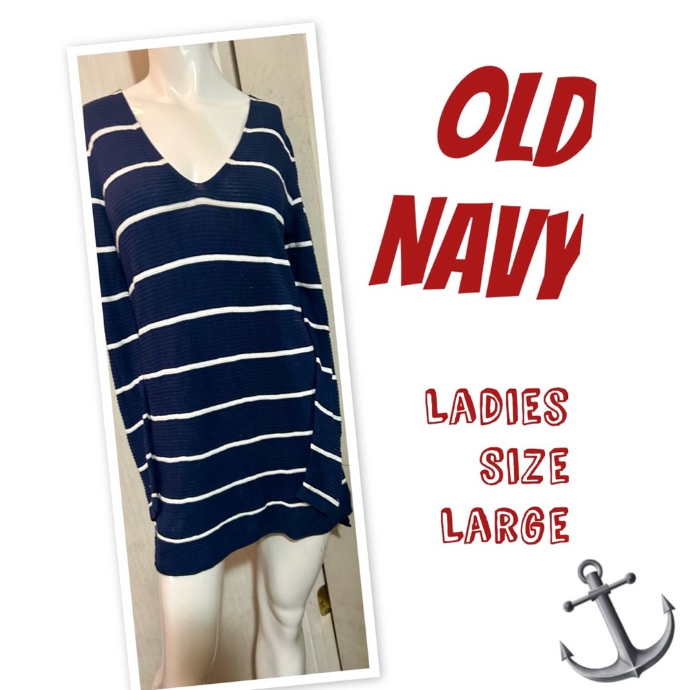 Old Navy Navy and White Striped V-Neck Top